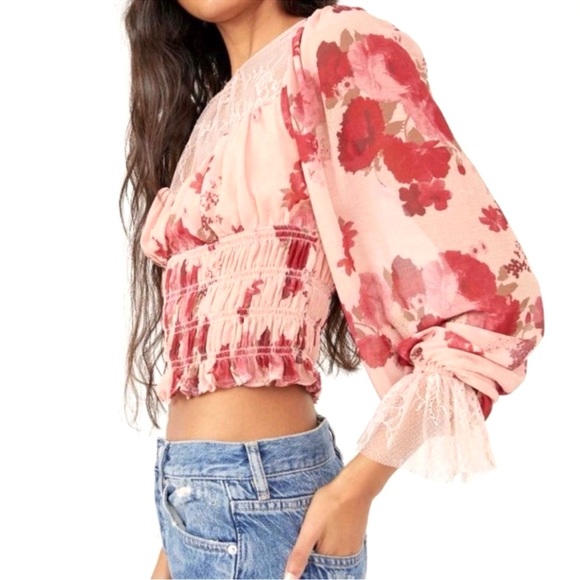{Free People} "Daphne" Floral Lace Peplum Crop Peasant Blouse - Picture 3 of 13